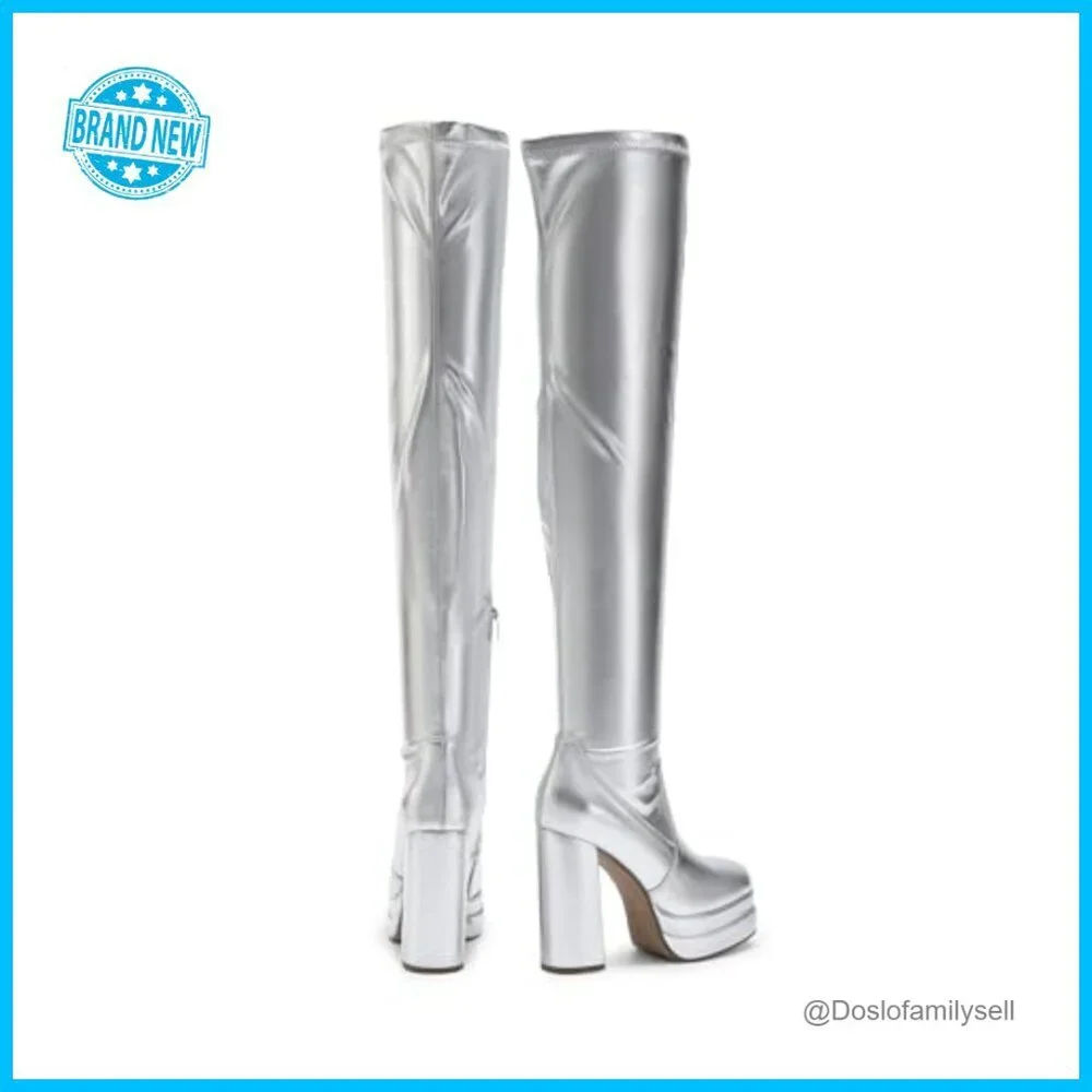 Platform Over The Knee Boots Chunky Heels Square Toe Y2K Gogo Style